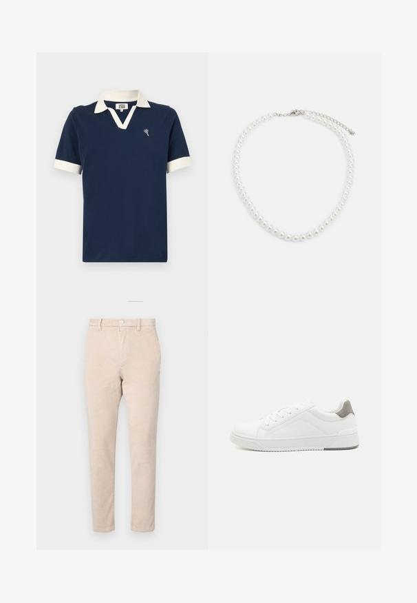 Marineblauwe polo gemaakt van katoen, met een contrasterende witte kraag en mouwboorden, en een klein geborduurde ontwerp op de borst.; Beige corduroy broek met een klassieke pasvorm, voorzien van een knoopsluiting, ritssluiting en een subtiele verticale ribbelstructuur.; Witte sneaker van glad leer met een ronde neus, minimalistisch ontwerp, grijze hielaccent en een geplaatste rubberen zool.; Witte parelketting met een uniforme ronde vorm, gladde oppervlakte en een metalen sluiting met een uitbreidingsketting voor verstelbare lengte.