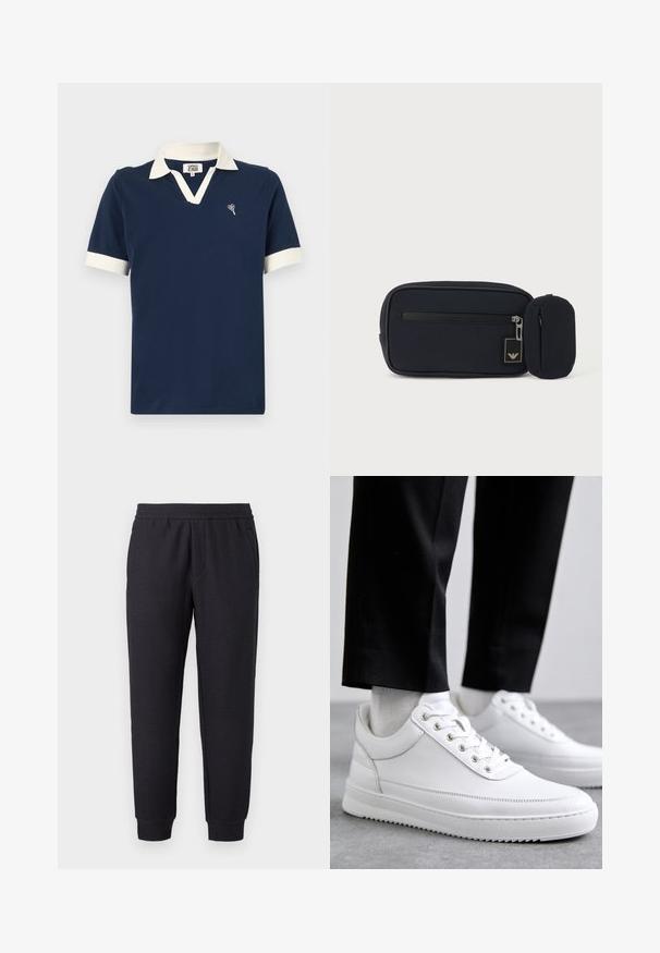 Tumed polo särk, mis on valmistatud puuvillast, kontrastse valge kaelaosa ja varrukate mansettidega ning väikese broderitud kujundusega rinnaosas.; Mustad kärbitud dressipüksid elastse vöörihma ja mansettidega, millel on peen tekstuuriga muster ja küljetaskud.; Valged nahast tennisetossud, millel on lame kummist tallapool, sile viimistlus, ümar varvas ja metallist silmadega paelte jaoks. Kantud mustade pükstega.; Must ristkülikukujuline kotike esiküljel lukuga ja väike lisatud ümar kotike, ühevärvilise heleda tausta taustal.