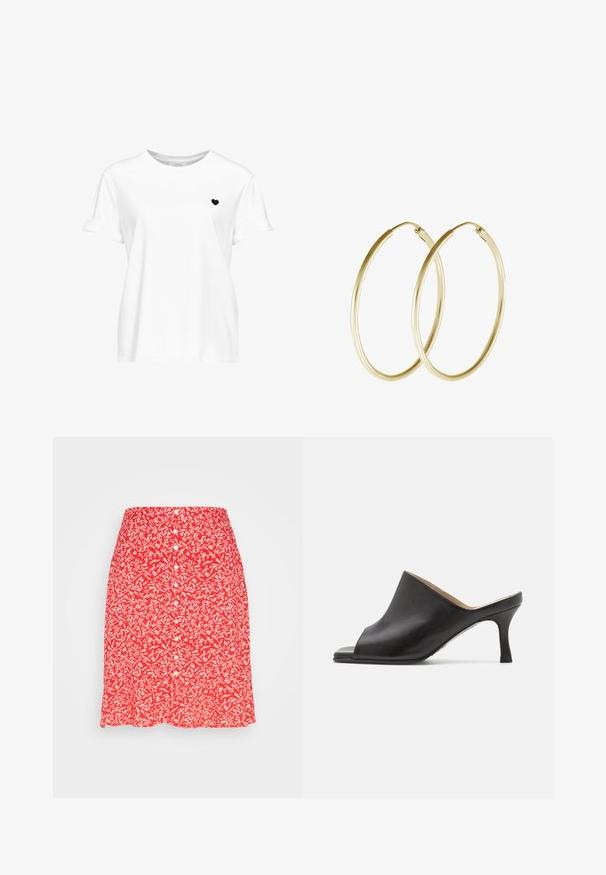 T-shirt blanc à manches courtes avec un petit motif cœur noir sur la poitrine gauche et un col rond.; Lindex SKIRT ELSA - Jupe trapèze - red; Selected ASHLEY - Mules à talons - black; Boucles d'oreilles en or en forme de cerceau, présentant un design lisse et rond avec une finition brillante. Construction légère avec un fermoir sécurisé.