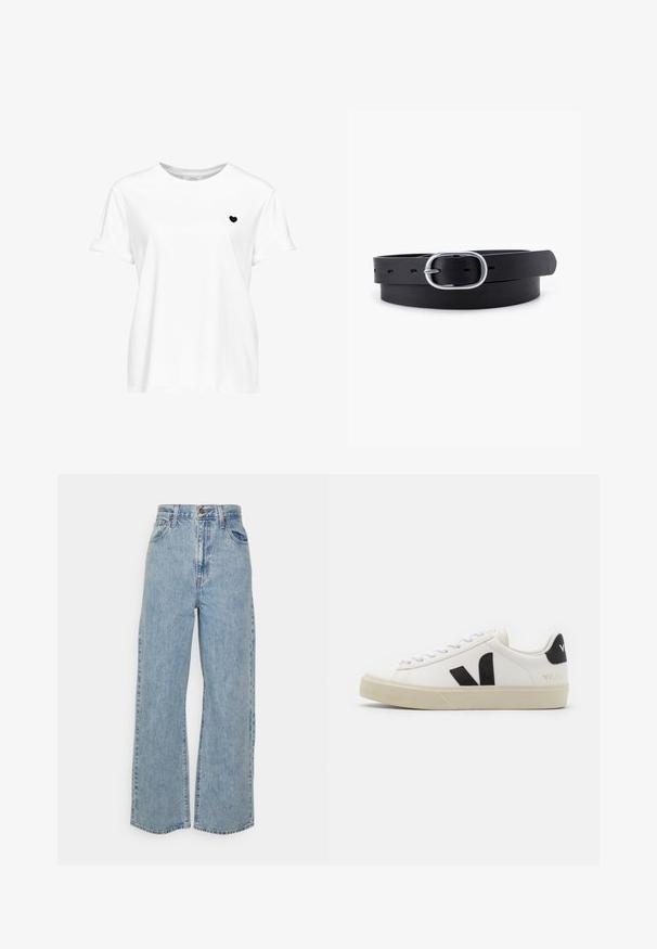 Wit T-shirt met korte mouwen met een kleine zwarte hartgrafiek op de linkerborst en een ronde hals.; Lichtblauwe wijde denim jeans met hoge taille, sluiting met voorknop en rits, en vijfzakkenontwerp op een effen achtergrond.; Witte leren sneaker met zwart rubberen V-logo. Getextureerde off-white zool, witte veters en een achterkant met een detail van de merknaam in het zwart.; Zwarte leren riem met een gladde textuur, ovaal zilveren metalen gespsluiting en meerdere verstelgaten langs de band. Platte, minimalistische uitstraling.