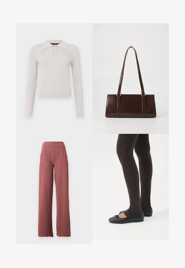 Polo à manches longues gris clair avec une texture côtelée, patte de boutonnage à deux boutons et col classique. Tissu doux avec une coupe ajustée.; Un pantalon large dans une teinte rose poussiéreux, fabriqué à partir d'un tissu doux, avec une taille haute et deux poches latérales. Texture lisse avec des lignes épurées.; Jambes portant des leggings côtelés foncés associés à des ballerines noires avec de petits détails en nœud sur fond blanc.; Sac à main en cuir verni marron de forme rectangulaire, avec deux longues poignées et des accents courbés subtils à l'avant.