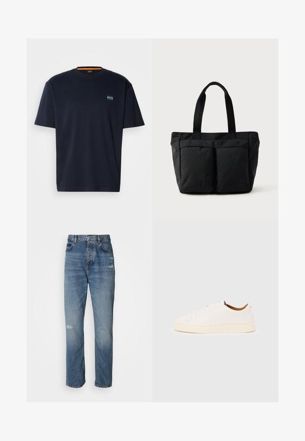 Camiseta de algodón azul marino con cuello redondo. Presenta un pequeño logo en el pecho y un acento naranja en contraste en el cuello. Mangas cortas.; Jeans de mezclilla de color azul claro con un diseño de pierna recta, que cuentan con un cierre de botón y cremallera, cinco bolsillos y detalles deshilachados cerca de la rodilla.; Zapatilla blanca de corte bajo con diseño de cordones, detalles mínimos de costuras y suela color crema sobre un fondo gris claro.; Bolso tote negro con una construcción de tela suave, dos bolsillos frontales y asas resistentes. Logo mostrado en el lateral. Diseño simple y funcional.