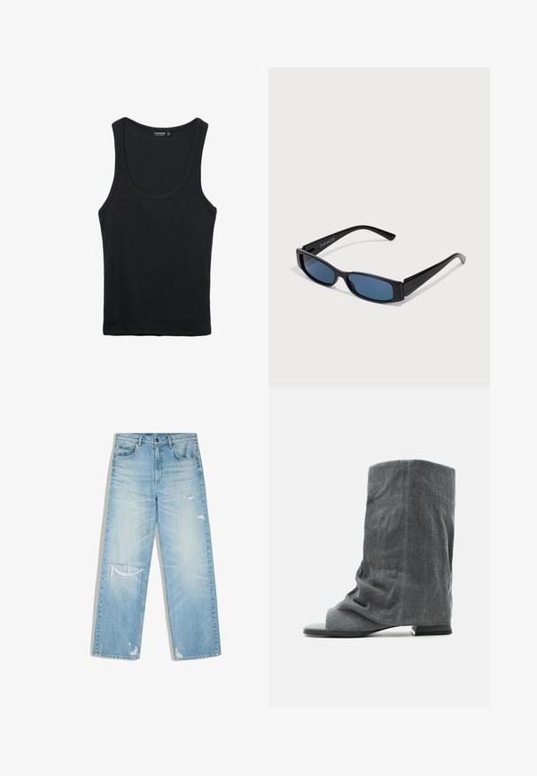 Débardeur en coton noir avec un col rond et des bretelles larges. Il présente une texture lisse et un design classique ajusté.; Jean en denim bleu clair délavé avec une coupe droite, présentant des déchirures usées sur la cuisse, le genou et près des ourlets.; Botte grise douce, tombante, mi-mollet, à bout ouvert et petit talon carré, en tissu texturé.; Lunettes de soleil noires avec une monture rectangulaire élégante et des verres bleus. Présente une texture lisse et des branches robustes. Logo de la marque sur le côté.