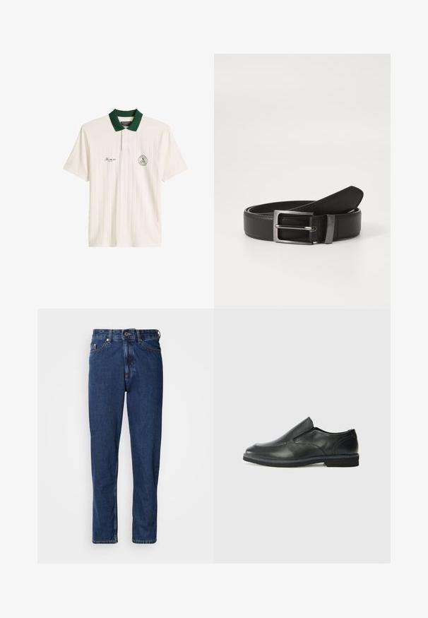 Polo blanc à manches courtes avec des rayures verticales, col vert foncé, patte boutonnée et petits logos imprimés sur la poitrine.; Jean bleu foncé en denim, avec une coupe droite, style cinq poches et des coutures apparentes le long des coutures.; Chaussure slip-on en cuir noir avec une tige lisse, des accents cousus, un bout arrondi et un petit talon en caoutchouc. La semelle présente un profil de traction minimal.; Ceinture en cuir noir avec une boucle en métal argenté, présentant une finition lisse et un design classique. La ceinture est soigneusement pliée.