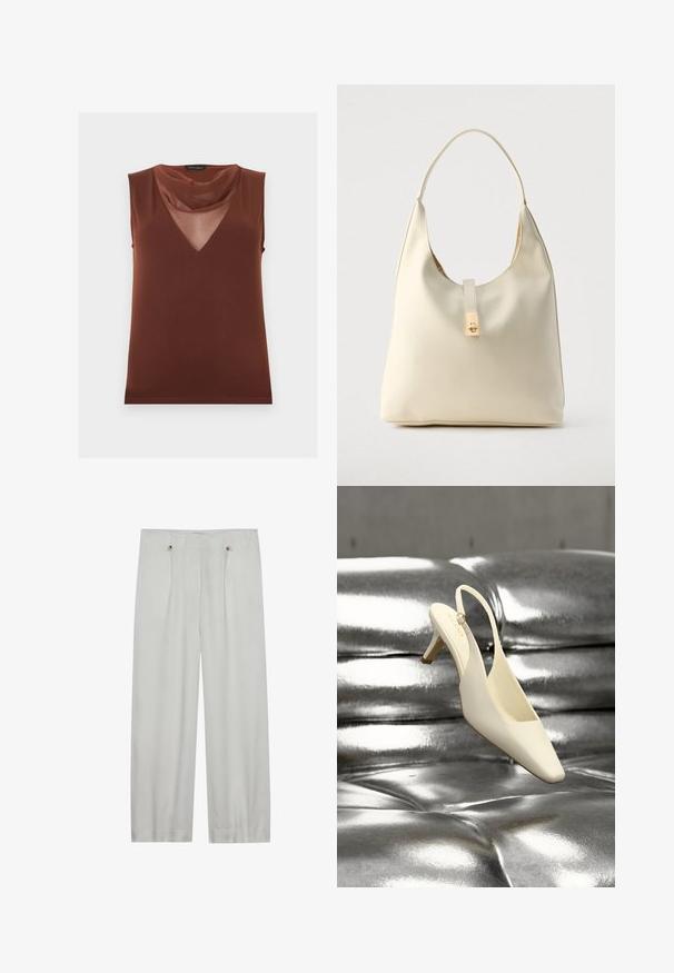 Haut marron sans manches avec un panneau en V transparent et un col drapé doux, étiqueté "Anna Field".; Pantalons taille haute en gris clair, à jambes larges, fabriqués en tissu doux. Comprend deux plis avant, deux boutons de fermeture et une texture lisse.; Chaussure à talon kitten slingback crème avec un bout carré reposant sur une surface en cuir argenté capitonnée et brillante.; Sac hobo en cuir couleur crème avec une seule bandoulière, texture lisse et un détail de fermoir doré à l'avant.