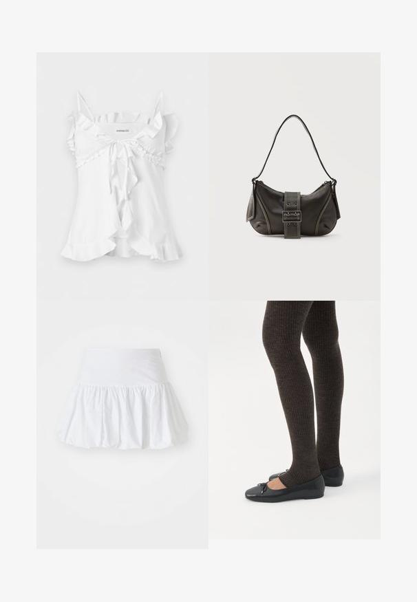 Blouse blanche sans manches avec fines bretelles, bordure à volants, nœud à nouer devant et détail d'ourlet évasé.; Jupe évasée blanche fabriquée en tissu léger, avec un design froncé et une taille élastique pour le confort. Pas de motifs ni d'accents visibles.; Jambes portant des leggings côtelés foncés associés à des ballerines noires avec de petits détails en nœud sur fond blanc.; Sac à épaule en cuir noir avec une sangle à boucle, des bords arrondis et des coutures blanches contrastées sur un fond uni.