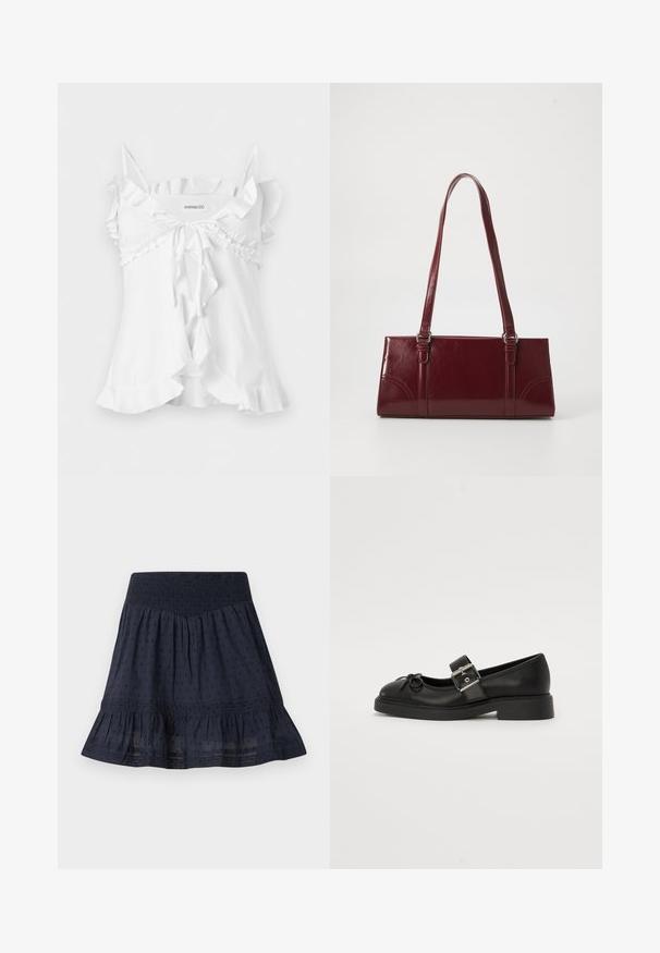White sleeveless blouse with thin straps, ruffled trim, front tie bow, and flared hem detail.; Navy blue knee-length skirt with elastic smocked waistband, subtle dotted pattern, and ruffled hemline.; Black leather Mary Jane shoe with a round toe, ankle strap, and silver buckle detailing. Features a flat, chunky sole and bow accent.; Burgundy handbag made of glossy material, rectangular shape, with two shoulder straps and subtle curved accents on the front.