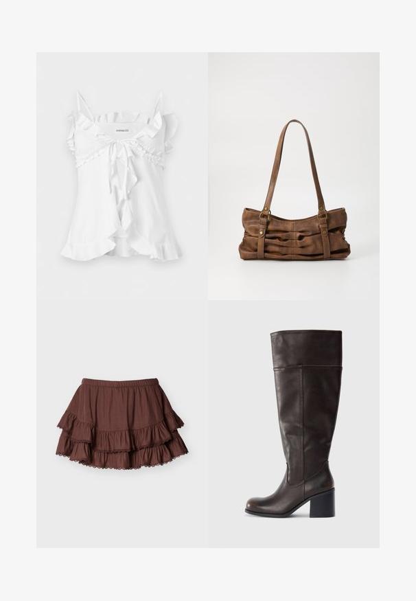 White sleeveless blouse with thin straps, ruffled trim, front tie bow, and flared hem detail.; Brown tiered mini skirt with elastic waistband and lace-edged ruffles on a plain light background.; Brown leather knee-high boot with a rounded toe and a stacked heel. Features a smooth texture and side stitching detail.; Even&Odd Handbag - brown