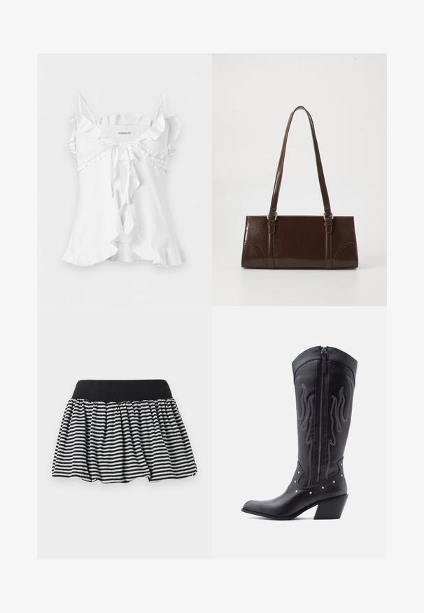 Blouse blanche sans manches avec fines bretelles, bordure à volants, nœud à nouer devant et détail d'ourlet évasé.; Jupe à rayures noires et blanches avec un design plissé et une taille élastique, fabriquée en matériau doux. Présente une forme évasée pour plus de volume.; Bottes de cow-boy en cuir noir avec bout pointu, coutures apparentes, ornements à clous argentés et fermeture éclair sur le côté intérieur.; Sac à main en cuir verni marron de forme rectangulaire, avec deux longues poignées et des accents courbés subtils à l'avant.