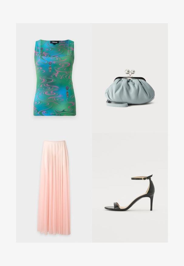 Top sans manches avec un motif tourbillonnant vert et bleu vif, comportant des accents roses et des motifs décoratifs ressemblant à des lanternes.; Jupe longue plissée en chiffon rose pâle avec une taille élastique, présentée sur un fond blanc uni.; Sandale à talons hauts en cuir noir avec une lanière de cheville. Présente une texture lisse, un bout ouvert et un talon fin. Détail de boucle en ton doré.; Petit porte-monnaie en cuir bleu clair avec fermoir métallique argenté de type kiss-lock et court bracelet de poignet sur fond uni.