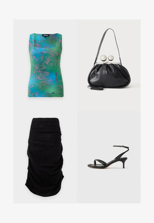 Top sans manches avec un motif tourbillonnant vert et bleu vif, comportant des accents roses et des motifs décoratifs ressemblant à des lanternes.; Jupe crayon noire taille haute avec des détails en tissu froncé, fabriquée dans un matériau doux et texturé, présentée à plat sur un fond blanc.; Sandale pour femme en cuir noir avec fines lanières, une boucle d'orteil, une boucle à la cheville et un talon aiguille de hauteur moyenne sur un fond neutre.; Sac à main en cuir noir avec un design plissé, une sangle unique, un cadre métallique argenté et deux grandes fermoirs ronds en argent.