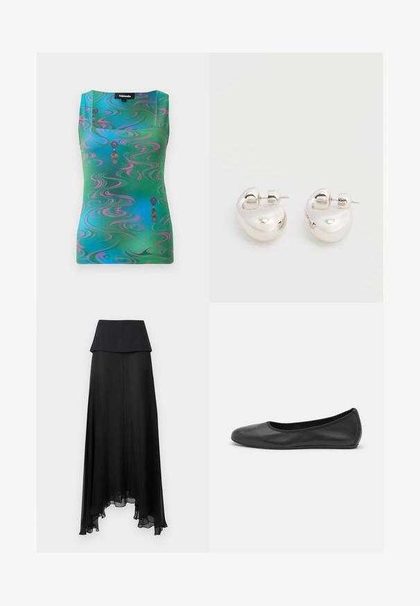 Top sans manches avec un motif tourbillonnant vert et bleu vif, comportant des accents roses et des motifs décoratifs ressemblant à des lanternes.; Jupe longue taille haute noire avec une ceinture superposée et un ourlet asymétrique en tulle transparent avec de douces volants.; Ballerines en cuir noir avec un bout rond, texture lisse, détails de couture minimalistes et design de semelle flexible.; Paire de boucles d'oreilles argentées brillantes et épaisses avec fermoirs à tige, sur fond blanc uni.