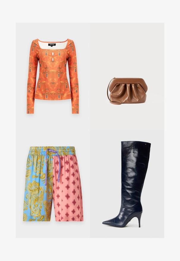 Top de manga larga en un vibrante tono naranja con estampado floral. Cuenta con un escote cuadrado y un detalle decorativo de ojal. Textura de tela suave.; Pantalones cortos coloridos con un lado azul con patrones de cachemira dorados y un lado rosa con motivos de diamantes granates, cintura elástica y cordón ajustable.; Bota de cuero azul marino hasta la rodilla, acabado brillante, punta afilada, tacón stiletto delgado, diseño sin costuras, con un sutil acento dorado.; Bolso de mano de cuero marrón con detalle fruncido, estructura rígida, correa para la muñeca y cremallera dorada sobre un fondo claro y liso.