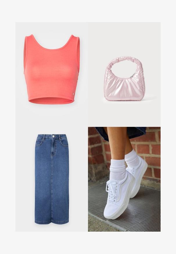Top court rose fabriqué à partir d'un tissu texturé. Il présente un col rond et des emmanchures larges, avec un petit logo en accent au bas.; Jupe maxi en denim bleu foncé, avec une coupe droite, une taille avec une fermeture à bouton et des détails de couture minimalistes.; Baskets en toile blanches avec semelles en caoutchouc, dotées de six œillets, d'un bout rond et de détails de couture légers, portées avec des chaussettes blanches mi-mollet.; Sac à main rose rembourré avec un design arrondi, fabriqué à partir d'un matériau brillant. Dispose d'une poignée froncée et d'une fermeture éclair pour un accès sécurisé.