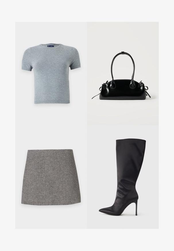 Camiseta gris de manga corta hecha de un suave tejido de punto, con un escote redondo y un diseño ajustado con costuras mínimas y sin patrones.; Falda con patrón de espiga en tejido gris, con una silueta entallada, textura suave y bajo limpio y recto.; Bota negra hasta la rodilla con tacón de aguja, hecha de material liso y elegante; punta puntiaguda; ajuste ceñido con un sutil fruncido cerca del tobillo; tacón brillante.; Pequeño bolso negro brillante con dos asas largas y detalles de cordón lateral sobre un fondo claro liso.