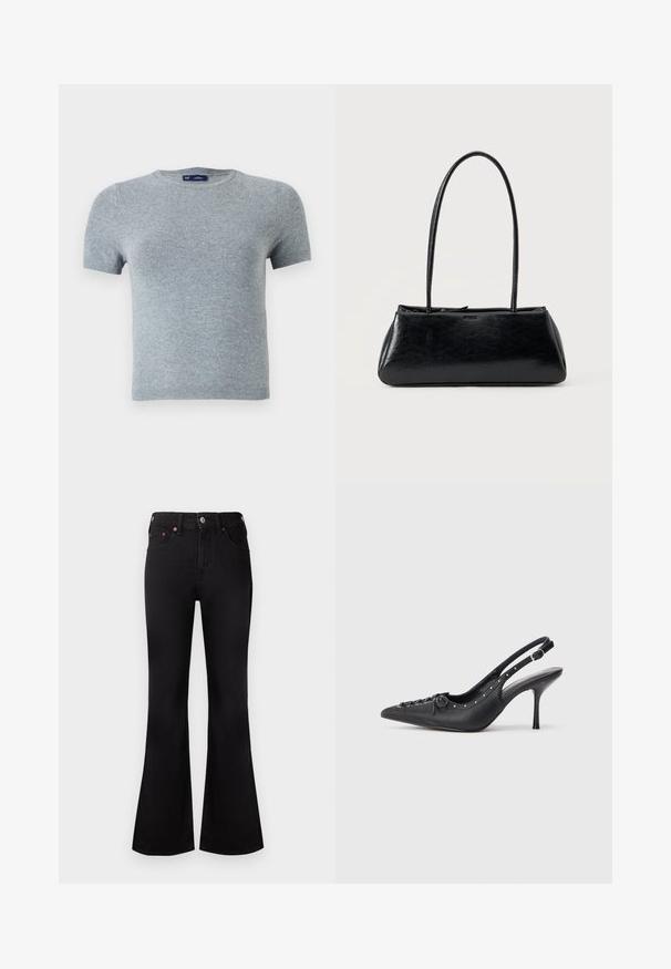 Camiseta gris de manga corta hecha de un suave tejido de punto, con un escote redondo y un diseño ajustado con costuras mínimas y sin patrones.; Vaqueros negros acampanados de talle alto con botón y cremallera delanteros, diseño de cinco bolsillos y detalles de remaches de cobre sobre un fondo blanco.; Sandal de tacón stiletto negro de cuero con punta afilada, correa lateral con hebilla, tachuelas a lo largo del borde y cordones decorativos en la parte delantera.; Bolso de hombro rectangular negro con correas largas y delgadas y una textura lisa y brillante sobre un fondo liso.