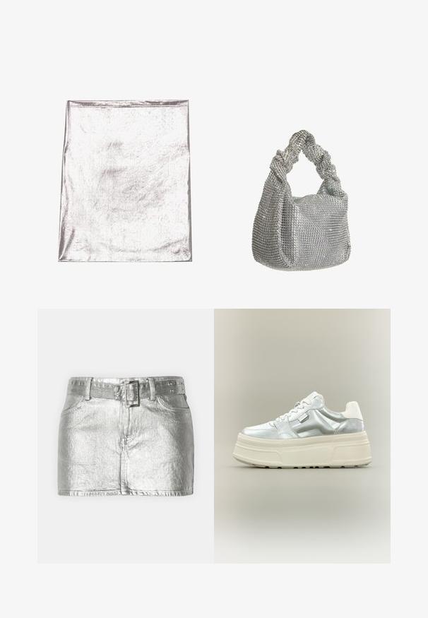 Metallic sølv stof med en glat tekstur og let glans. Rektangulær form, kanter pænt syet, ingen fremtrædende mønstre eller detaljer.; Sølvmetallic denimnederdel med bælte i taljen, der har fire lommer, lynlås foran og en let slidt tekstur.; Kraftig platform-sneaker med metallic sølv overdel, hvide snørebånd og tyk cremefarvet tekstureret sål, vist i sideprofil på neutral baggrund.; Hey Kyla Håndtasker - silber