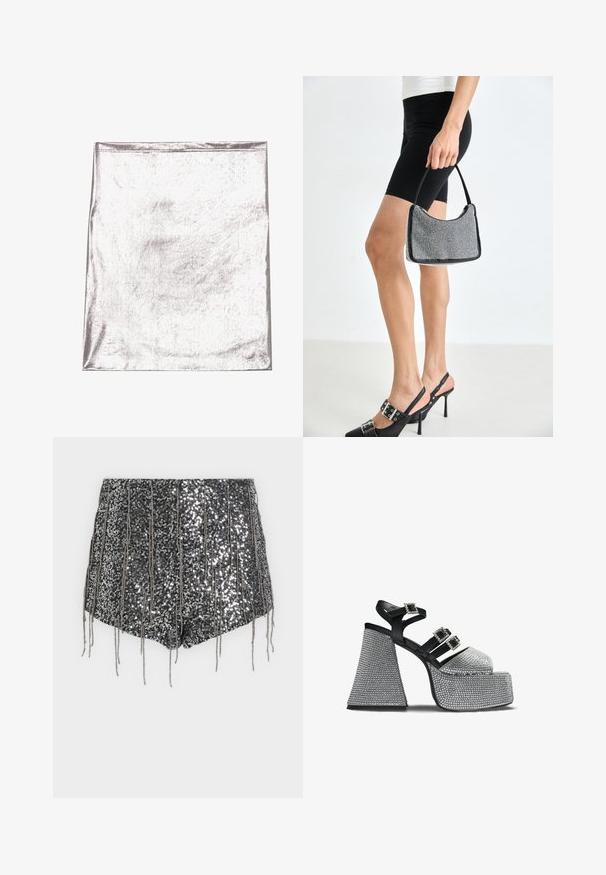 Metallic sølv stof med en glat tekstur og let glans. Rektangulær form, kanter pænt syet, ingen fremtrædende mønstre eller detaljer.; Sorte shorts med palietter og lodret frynseudsnit, med en skinnende tekstur og en tætsiddende silhuet, designet til et iøjnefaldende udseende.; Sort og sølv platform sandal med tre rhinstenbesatte spænderemmen og en bred, tekstureret blokhæl.; Sort perlehandtaske med en buet silhuet, bærehåndtag og blank overflade. Båret med højhælede sorte sko og tætsiddende sorte shorts.