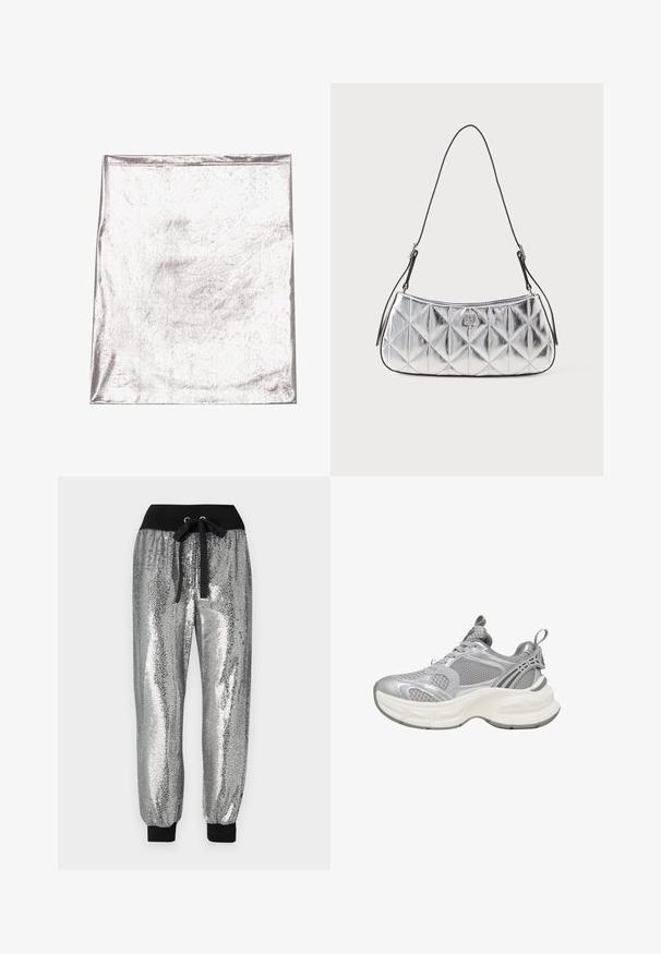 Metallic sølv stof med en glat tekstur og let glans. Rektangulær form, kanter pænt syet, ingen fremtrædende mønstre eller detaljer.; Sølvfarvede sequin joggerbukser med sort elastisk talje, snøre og sorte manchetter ved anklerne for en tapered pasform.; Sølv atletiksneakers med øverste del i mesh, rundet sål, strukturerede detaljer og forstærkede accenter for ekstra støtte.; Metallic sølv skuldertaske med en quiltet design, glat overflade og justerbar sort strop. Har en lille logo detalje foran.