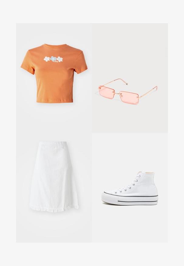 Korte, gecropte oranje t-shirt van katoen met korte mouwen, voorzien van witte en lichtblauwe geborduurde bloemen over de voorkant.; Witte rok met een elastische tailleband, met een gestructureerd patroon en een volantszoom aan de onderkant. Eenvoudig A-lijn ontwerp.; Witte hoge sneakers van canvasmateriaal, zwarte rubberen zool en contrasterende zwarte streep op de tussenzool. Circulaire neus en vetersluiting.; Rechthoekige roze getinte randloze zonnebril met dunne gouden metalen pootjes en verstelbare neuspads op een effen lichte achtergrond.