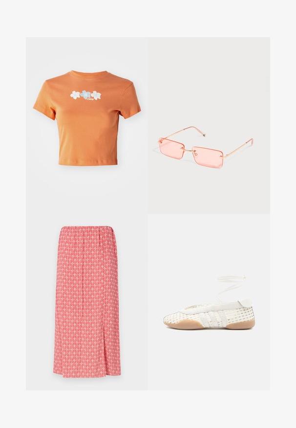 Kurzes oranges T-Shirt aus Baumwolle mit kurzen Ärmeln, verziert mit weißen und hellblauen gestickten Blumen auf der Vorderseite.; Maxirock mit elastischem Bund, ausgestattet mit einem rot-weißen geometrischen Muster und einer glatten Stoffstruktur.; Weißer gewebter Schuh mit strukturierter Oberseite, rundem Zehenbereich, weißen Lederakzenten und flexiblem Gummisohlen. Dünne Schnürsenkel befestigt.; Rechteckige, rosa getönte randlose Sonnenbrille mit dünnen goldfarbenen Metallbügeln und verstellbaren Nasenpads auf einfachem hellem Hintergrund.