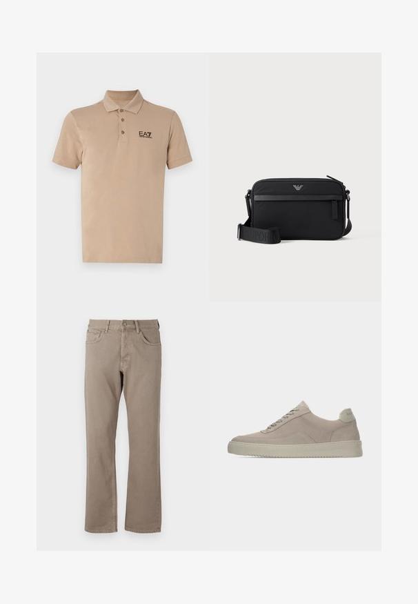 Polo shirt beige clair en coton. Doté d'un col classique, d'une patte de boutonnage à trois boutons, de manches courtes et d'un logo EA7 noir sur la poitrine.; Jean droit beige en tissu coton, comportant cinq poches, une fermeture par bouton et zip, et des coutures visibles le long des coutures.; Baskets en daim beige avec une finition texturée, un bout arrondi et des lacets ton sur ton. Elles présentent une semelle en caoutchouc épaisse et un branding discret sur le talon.; Sac bandoulière rectangulaire noir avec poche avant zippée, sangle réglable et petit logo métallique en haut au centre.