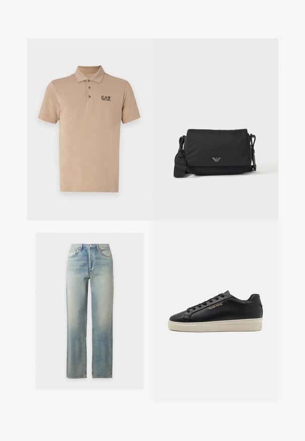 Polo shirt beige clair en coton. Doté d'un col classique, d'une patte de boutonnage à trois boutons, de manches courtes et d'un logo EA7 noir sur la poitrine.; Jean en denim délavé bleu clair avec coupe droite, fermeture à boutons et zip sur le devant, et design cinq poches.; Sneaker en cuir noir avec une finition lisse, semelle crème contrastante, bout arrondi, logo doré sur le côté et six œillets pour les lacets.; Sac bandoulière noir avec sangle réglable et petit emblème logo argenté sur le rabat avant, présenté sur un fond clair uni.