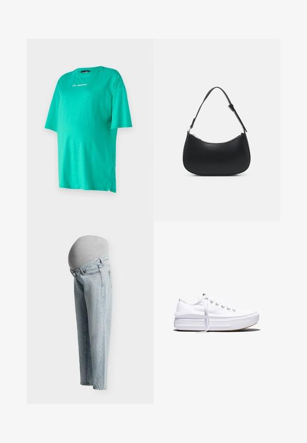Turquoise oversized T-shirt van zachte katoen met korte mouwen, ronde hals, geborduurd "la mama" detail en zijsplitten voor extra bewegingsvrijheid.; Lichtblauwe zwangerschapsjeans met een rekbare grijze paneel die de zwangere buik bedekt, gezien van opzij op een effen achtergrond.; Witte lage canvas sneaker met dikke plateauzool, veters aan de voorkant en rubberen toeskap met structuur, zijaanzicht.; Pieces PCALUANA SHOULDER BAG - Handtas - black