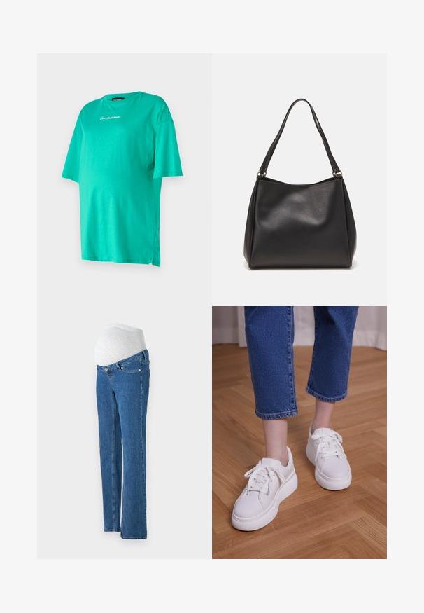Türkises, übergroßes T-Shirt aus weicher Baumwolle mit kurzen Ärmeln, Rundhalsausschnitt, besticktem "la mama"-Detail und seitlichen Schlitzen für mehr Bewegungsfreiheit.; Vero Moda Maternity Straight fit maternity - Jeans Straight Leg - medium blue denim; Beine, die kurze blaue Jeans und weiße Schnür-Plateausneaker tragen und auf hellem Holzboden stehen.; Schwarze Handtasche aus synthetischem Leder mit weicher Textur, Hobo-Form und doppelten Schulterriemen; zeichnet sich durch ein glänzendes Finish und minimalistisches Design aus.