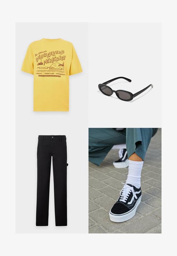 T-shirt en coton jaune avec un motif graphique comprenant le texte « Sunseekers Paradise » et des éléments de plage. Manches courtes et col rond.; Pantalons noirs en tissu à texture lisse, conçus avec des jambes droites, une fermeture à bouton et une poche latérale.; Baskets en suède noir avec des accents et des lacets blancs, présentant une épaisse semelle blanche et des coutures contrastantes, associées à une chaussette blanche.; Even&Odd by Zalando Lunettes de soleil - black