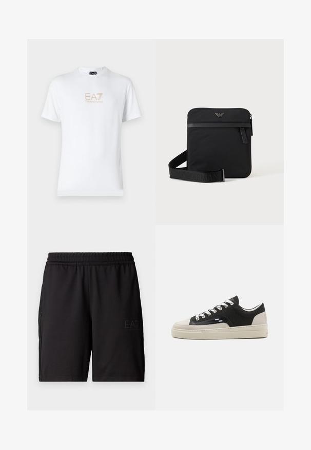 Valge puuvillane T-särk, millel on ümmargune kaelus ja lühikesed varrukad, ning mille esiosal on kuldne EA7 Emporio Armani logo.; Mustad mustad lühikesed püksid, mis on valmistatud kerge kangaga, painduva vöökoha ja võrkpaneelidega külgedel. Brändi logo on trükitud ette.; Mustad mustad sneakers beežist kummist tallast, valgetest paeladest ja nahast aktsentidest varvaste ja külgedel. Peen logo detail kanna peal.; Must ruudukujuline õlakott tõmblukuga, esitasku ja reguleeritava rihmaga, millel on reljeefne kaubamärgi nimi.