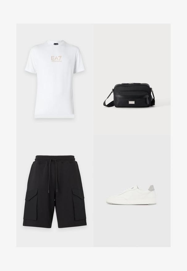 Camiseta blanca de algodón con escote redondo y mangas cortas, con un logo dorado de EA7 Emporio Armani impreso en el frente.; Pantalones cortos cargo negros hechos de tela suave con una cintura elástica y cordón. Incluyen dos grandes bolsillos laterales y dobladillos cosidos.; Zapatilla blanca de corte bajo con pestaña en el talón gris, cordones blancos y suela texturizada, presentada sobre un fondo claro y liso.; Bolso bandolera rectangular negro con bolsillo frontal con cremallera, correa ajustable y placa de logo rectangular plateada sobre fondo liso.