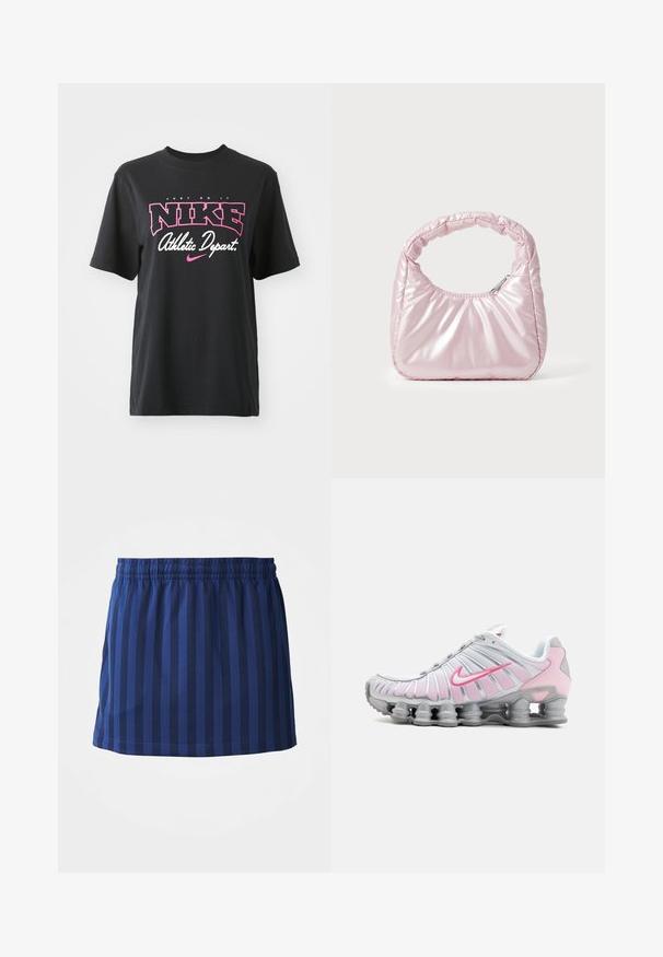 Sort bomulds T-shirt med grafisk print i pink og hvid med teksten "JUST DO IT," "NIKE," og "Athletic Depart." Standard pasform.; Mørkeblå nederdel med lodrette striber, elastisk talje, længde til midten af låret, lavet af letvægtsstof, glat tekstur.; Nike træningssko i hvid og lys pink. Har en mesh-overdel og en markant buet sål med synlig luftdæmpning.; Rosa, polstret håndtaske med afrundet design, lavet af skinnende materiale. Har et samlet håndtag og en lynlås til sikker adgang.