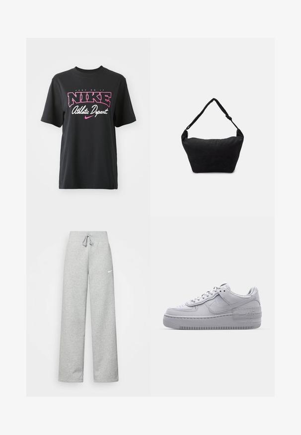 Sort bomulds T-shirt med grafisk print i pink og hvid med teksten "JUST DO IT," "NIKE," og "Athletic Depart." Standard pasform.; Grå sweatpants med elastisk talje, snor detaljer og et lille hvidt Nike-logo på venstre lår. Blødt stof, løs pasform.; Grå Nike Air Force 1 sneakers med perforeret tå, glat læderoverdel, tyk sål og præget 'AIR' detalje på hælen.; Sort stof skuldertaske med en blød tekstureret overflade, rund form og en enkelt rem. Minimalistisk design uden synligt hardware eller accenter.
