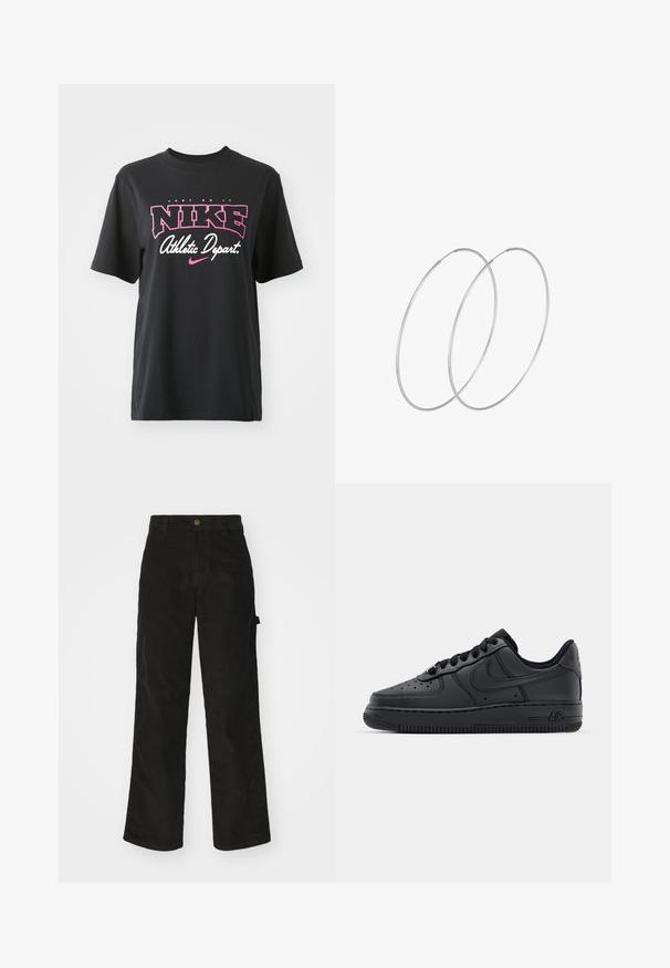 Sort bomulds T-shirt med grafisk print i pink og hvid med teksten "JUST DO IT," "NIKE," og "Athletic Depart." Standard pasform.; Sorte kordfløjsbukser med et lige ben-design, der har en knaplukning og sidelommer. Glat tekstur med fine lodrette striber.; Sorte lædersneakers med perforeret tåboks, flade snørebånd og gummisål. Har et lille logo på siden og tekstureret detaljering.; Sølvøreringe med et minimalistisk design. Cirkulær form, glat tekstur og tynd profil. Letvægtige med en poleret overflade.
