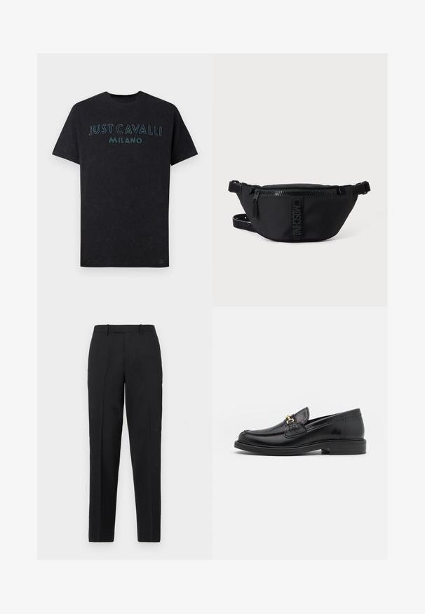 Schwarzes Baumwoll-T-Shirt mit der Aufschrift "JUST CAVALLI MILANO" in leuchtend blauer Stickerei auf der Brust, mit Rundhalsausschnitt und lockerer Passform.; Theory STRAIGHT - Stoffhose - deep black; Schwarze Lederleter mit einer abgerundeten Zehenpartie, ausgestattet mit goldenen Hardwareakzenten und Stichdetails, auf einer niedrigen, strukturierten Gummisohle.; Schwarze Moschino Bauchtasche mit Frontreißverschluss und verstellbarem Riemen auf einfachem hellem Hintergrund.