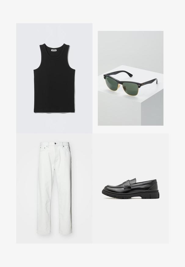 Débardeur noir sans manches en côtes, col rond et étiquette de la marque Weekday à l'intérieur du col au dos.; Jean en denim blanc avec une coupe droite, design à cinq poches, fermeture à bouton et détails de coutures subtils. Texture lisse et style minimaliste.; Mocassin en cuir noir avec une large sangle sur le devant, semelle en caoutchouc à épaisse rainure, et texture lisse. Design classique et élégant.; Lunettes de soleil Ray-Ban avec des verres verts, monture en plastique noir et accents dorés sur les bords. Forme carrée avec une finition mate.