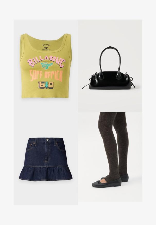 Grøn cropped tank top med pink, orange og multicolorer "Billabong Surf Africa 1640" tekst og et lille logo i midten foran.; Mørk denimnederdel med volangkant, femlommesdesign, bæltestropper og lukning med knap foran. Glat tekstur og lige snit.; Ben iført mørke ribbede leggings kombineret med sorte balletsko med små sløjfedetaljer på hvid baggrund.; Lille sort blank håndtaske med to lange håndtag og snøre-detaljer i siden på en ensfarvet lys baggrund.