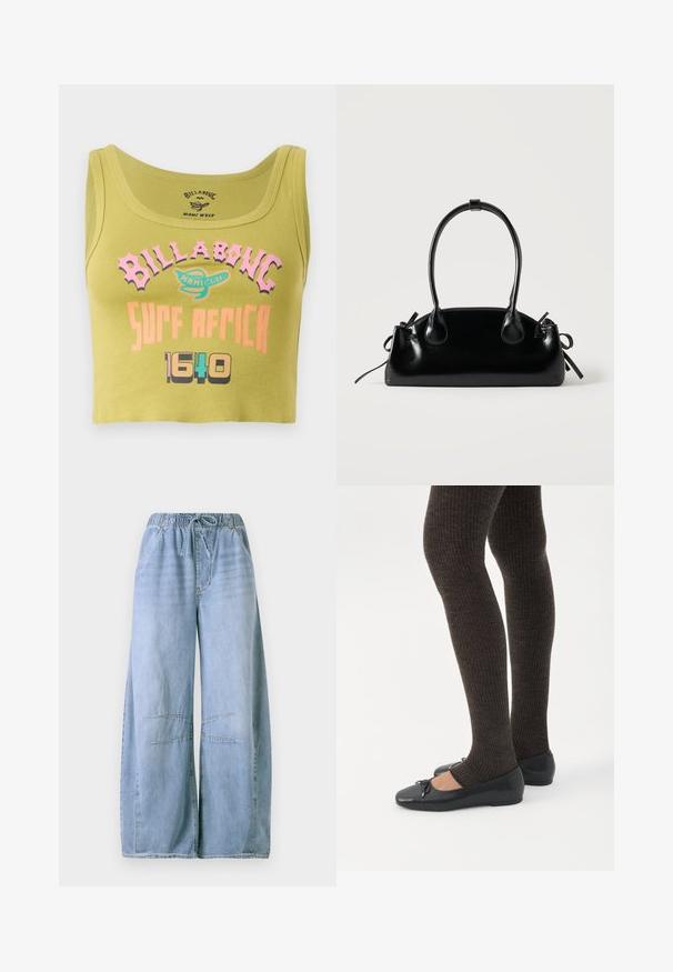 Top corto verde con texto en rosa, naranja y multicolores que dice "Billabong Surf Africa 1640" y un pequeño logo en el centro del frente.; Pantalones de mezclilla de pierna ancha en azul claro con cintura elástica y cordón, que cuentan con bolsillos delanteros y detalles de pespunte en las rodillas.; Piernas con leggings oscuros acanalados combinados con bailarinas negras que presentan pequeños detalles de lazo sobre un fondo blanco.; Pequeño bolso negro brillante con dos asas largas y detalles de cordón lateral sobre un fondo claro liso.