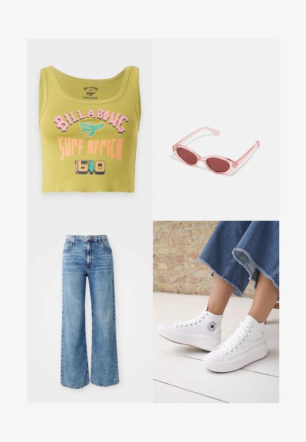 Grøn cropped tank top med pink, orange og multicolorer "Billabong Surf Africa 1640" tekst og et lille logo i midten foran.; Lysblå denim bredbente jeans med høj talje, der har fem lommer, knaplukning øverst og kontrastsyninger langs sømmene.; Person iført hvide høje Converse-sneakers med tykke såler og beskårne blå jeans med flossede kanter mod en murstensvæg og hvidt gulv.; Lyserøde transparente solbriller med ovale linser, mørkerød toning og slanke stænger, der har en glat overflade og diskret detaljering på rammen.