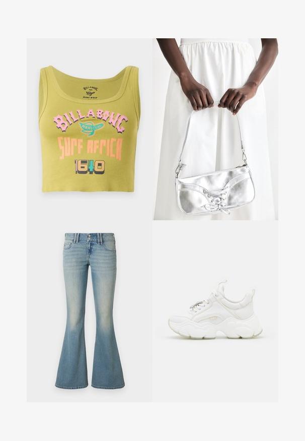 Groen geknipt tanktop met roze, oranje en multicolor "Billabong Surf Africa 1640" tekst en een klein logo op de voorkant in het midden.; Lichtblauwe denim flared jeans met een hoge taille, subtiele vervaging, twee zakken aan de voorkant en twee zakken aan de achterkant met knoopsluiting.; Witte chunky sneakers van leer en mesh-materialen, met een dikke zool, ronde neus en decoratieve veters. Licht gemêleerde accenten.; Zilveren metalen handtas met vetersluiting, met een strak ontwerp en een korte schouderriem. De tas wordt vastgehouden in de handen, waardoor de textuur goed tot zijn recht komt.