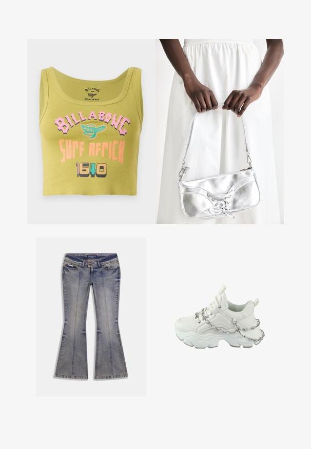 Grøn cropped tank top med pink, orange og multicolorer "Billabong Surf Africa 1640" tekst og et lille logo i midten foran.; Denim jeans med vidde i lys blå med falmede pletter, forlommer og kontrastsyning. Har lynlås og mærketalje.; Chunky hvid sneaker med en glat læderoverdel, snørebånd, gummisål og en dekorativ kæde med perler omkring anklen.; Sølvmetallic håndtaske med snøredetaljer, der har et slankt design og en kort strop. Tasken holdes i hænderne for at fremvise dens tekstur.