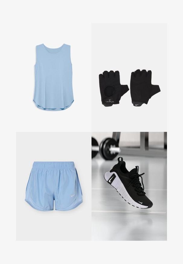 Haut sans manches bleu clair avec un col rond, présentant un design perforé et une silhouette décontractée et évasée. Texture de tissu lisse.; Short de sport bleu clair avec taille élastique, panneaux latéraux incurvés et logo Nike swoosh blanc sur l'avant de la jambe droite.; Chaussure de sport noire avec une tige en tissu texturé, une semelle blanche et un système de laçage prononcé. Présente un logo Nike et un design doux et rembourré.; Gants sans doigts noirs avec un design texturé. Fabriqués en matériau respirant, dotés d'un trou pour le pouce et d'une paume renforcée pour une meilleure prise.