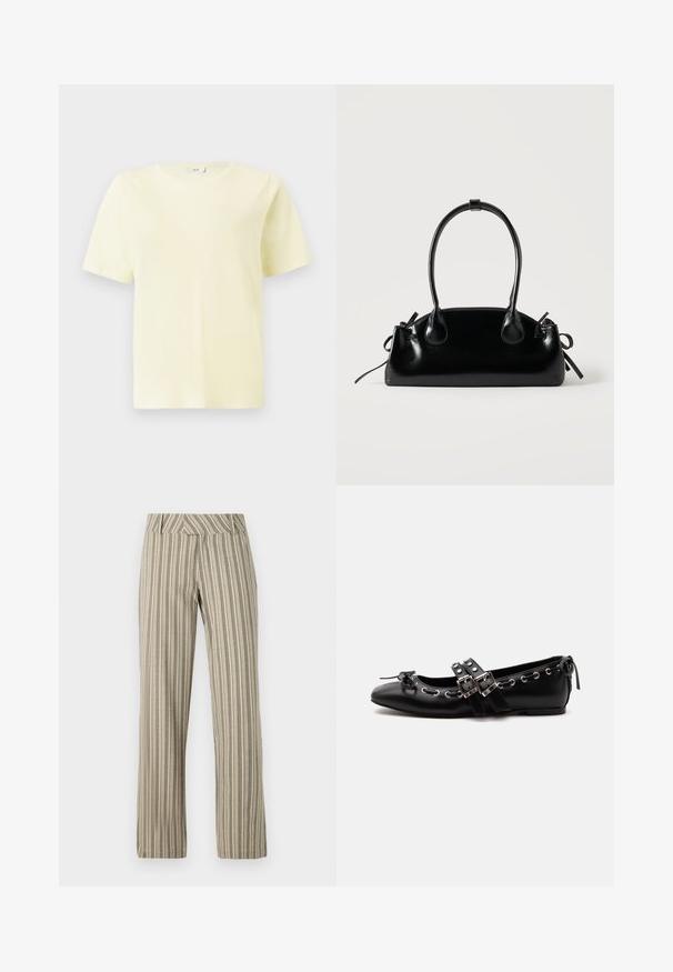T-shirt unisexe à manches courtes et col rond, de couleur jaune clair uni, présenté sur un fond blanc.; Pantalons larges rayés beige en tissu léger, dotés d'une taille haute et d'une coupe droite avec des poches latérales.; Chaussure de ballet plate noire avec doubles brides à boucle, œillets argentés et petit nœud près de l’orteil arrondi sur fond blanc.; Petit sac à main noir brillant avec deux longues anses et des détails à cordon sur les côtés sur un fond clair uni.