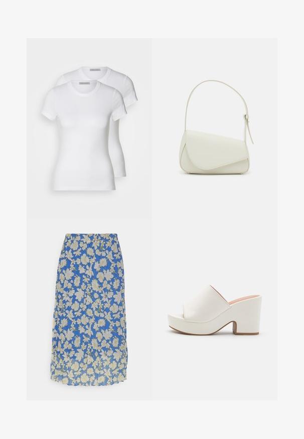 Twee witte katoenen t-shirts met korte mouwen, ronde halslijnen en een getailleerd silhouet, met een zachte textuur en minimalistisch ontwerp.; Anna Field A-lijn rok - light blue; Witte platform mules met een gladde afwerking, open teen ontwerp en een chunky hak. Kenmerkt zich door een subtiele bovennaad en een contrasterende zool.; Witte nepleren handtas met een gestructureerde driehoekige vorm, een enkele verstelbare schouderriem en een klep met ronde accenten.