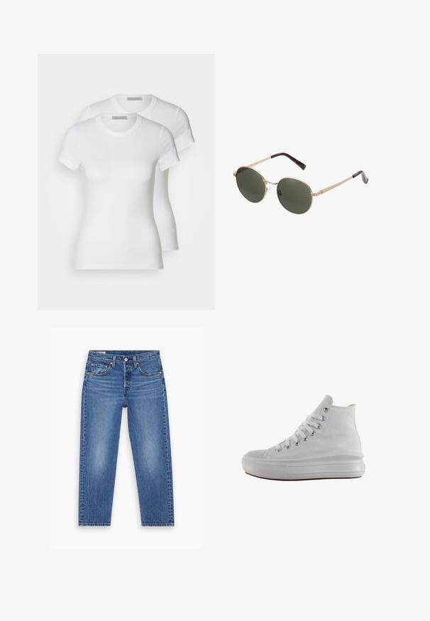 Zwei weiße Baumwoll-T-Shirts mit kurzen Ärmeln, Rundhalsausschnitten und einer engen Passform, die eine glatte Textur und ein minimalistisches Design aufweisen.; Blaue hoch taillierte Straight-Leg-Jeans mit Frontknopf, Reißverschluss und Fünf-Taschen-Design, flach auf einem weißen Hintergrund präsentiert.; Weißer High-Top-Canvas-Sneaker mit weißen Schnürsenkeln, metallischen Ösen, dicker Gummisohle und strukturierter Zehenkappe, nach links auf weißem Hintergrund ausgerichtet.; Runde Sonnenbrillen mit goldfarbenen Metallrahmen und dunkelgrünen Gläsern. Die Bügel haben ein Schildpatt-Muster für zusätzliche Details.