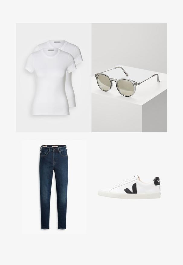 Zwei weiße Baumwoll-T-Shirts mit kurzen Ärmeln, Rundhalsausschnitten und einer engen Passform, die eine glatte Textur und ein minimalistisches Design aufweisen.; Dunkelblaue Jeans im Slim-Fit, mit fünf Taschen, standardmäßiger Knopfverschluss und subtilen Waschungen auf der Vorderseite.; Weißer Sneaker mit einem schwarzen V-Logo, ausgestattet mit einem glatten Lederoberteil, runder Zehenpartie, Schnürverschluss und kontrastierendem schwarzen Fersenbereich.; Runde Sonnenbrillen mit transparenten grauen Fassungen und grau getönten Gläsern. Metallakzente an den Bügeln und gebogene Arme für Stabilität.