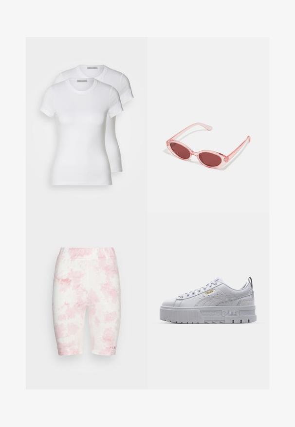 Twee witte katoenen t-shirts met korte mouwen, ronde halslijnen en een getailleerd silhouet, met een zachte textuur en minimalistisch ontwerp.; FUBU CORPORATE TIEDYE CYCLING - Shorts - pink; Witte platform sneakers met een leren bovenwerk, gevoerde kraag, grijze rubberen zool en gouden accenten met het Puma-logo.; Roze transparante zonnebril met ovale lenzen, donkerrode tint en slanke pootjes, met een gladde afwerking en subtiele details op het frame.