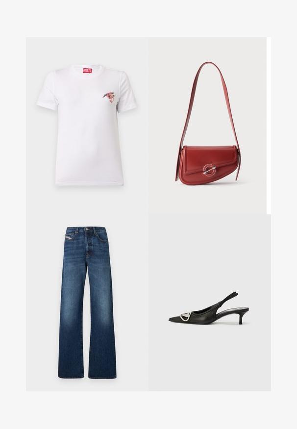 Λευκό T-shirt με κοντά μανίκια, διακοσμημένο με μικρό ροζ λουλουδένιο σχέδιο στο αριστερό μέρος του στήθους και κόκκινη ετικέτα με το λογότυπο Diesel στην εσωτερική πλευρά του γιακά.; Τζιν με φαρδύ παντελόνι σε σκούρο μπλε ντένιμ, με ψηλή μέση, πέντε τσέπες και αντίθετη ραφή κατά μήκος των ραφών.; Μαύρο δερμάτινο παπούτσι slingback με αιχμηρή μύτη, διαθέτει ένα ασημένιο λογότυπο και μικρό τακούνι. Λεπτή υφή και μινιμαλιστικός σχεδιασμός.; Κόκκινη δερμάτινη τσάντα ώμου με καμπυλωτό καπάκι και ασημένια κυκλική αγκράφα σε απλό ανοιχτό φόντο.