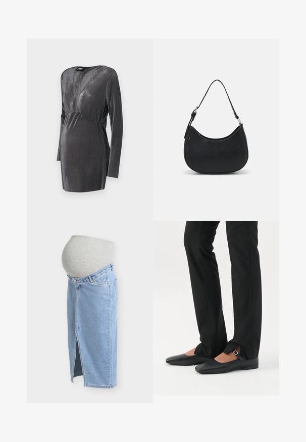 Zwart en zilver gestreepte zwangerschapsjurk met een V-hals, lange mouwen en een empire taille, ontworpen voor comfort en stijl tijdens de zwangerschap.; Zwangerschapsdenim rok met een grijs rekbaar paneel aan de taille en een voorste split, ontworpen voor comfort tijdens de zwangerschap.; Benen met zwarte smalle broek met voorsplitten aan de zoom, gecombineerd met zwarte platte Mary Jane-schoenen met een klein gespje.; Zwarte hobo tas van soepel leer met een gebogen silhouet, voorzien van een enkele verstelbare schouderriem en minimalistische ontwerpdetails.
